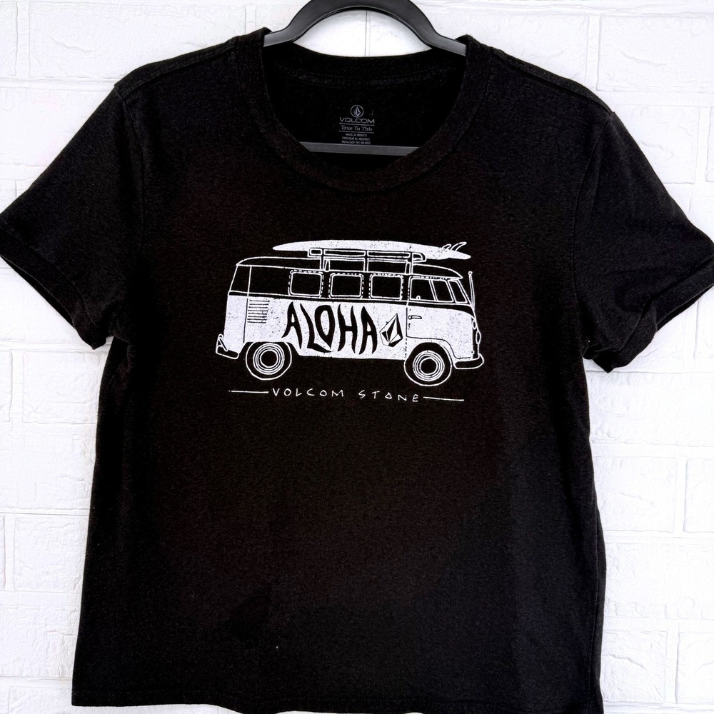Volcom Graphic Tee Women Size M Aloha Surf Bus Charcoal Short Sleeve T-Shirt